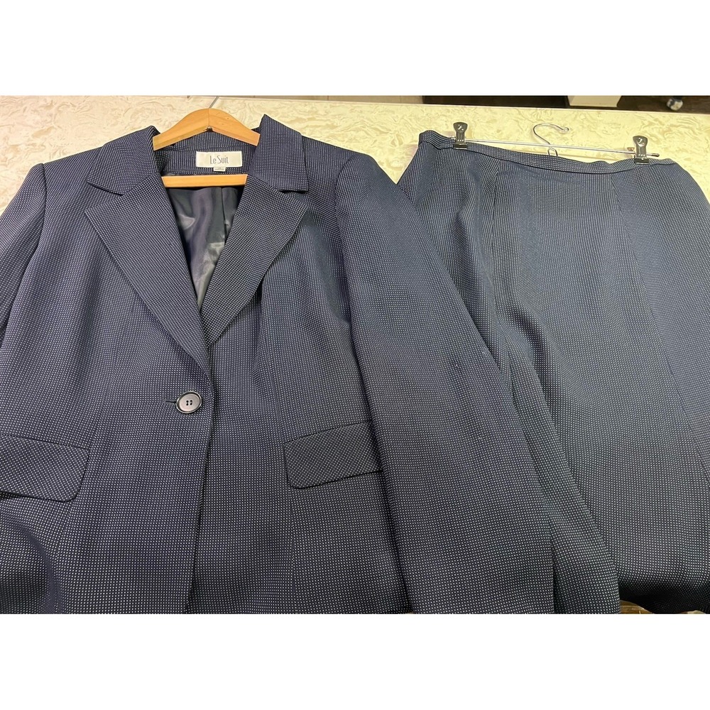 Le Suit Women's Blazer A-line Midi Skirt Set Sz 14 (12) Navy Micro-patterned